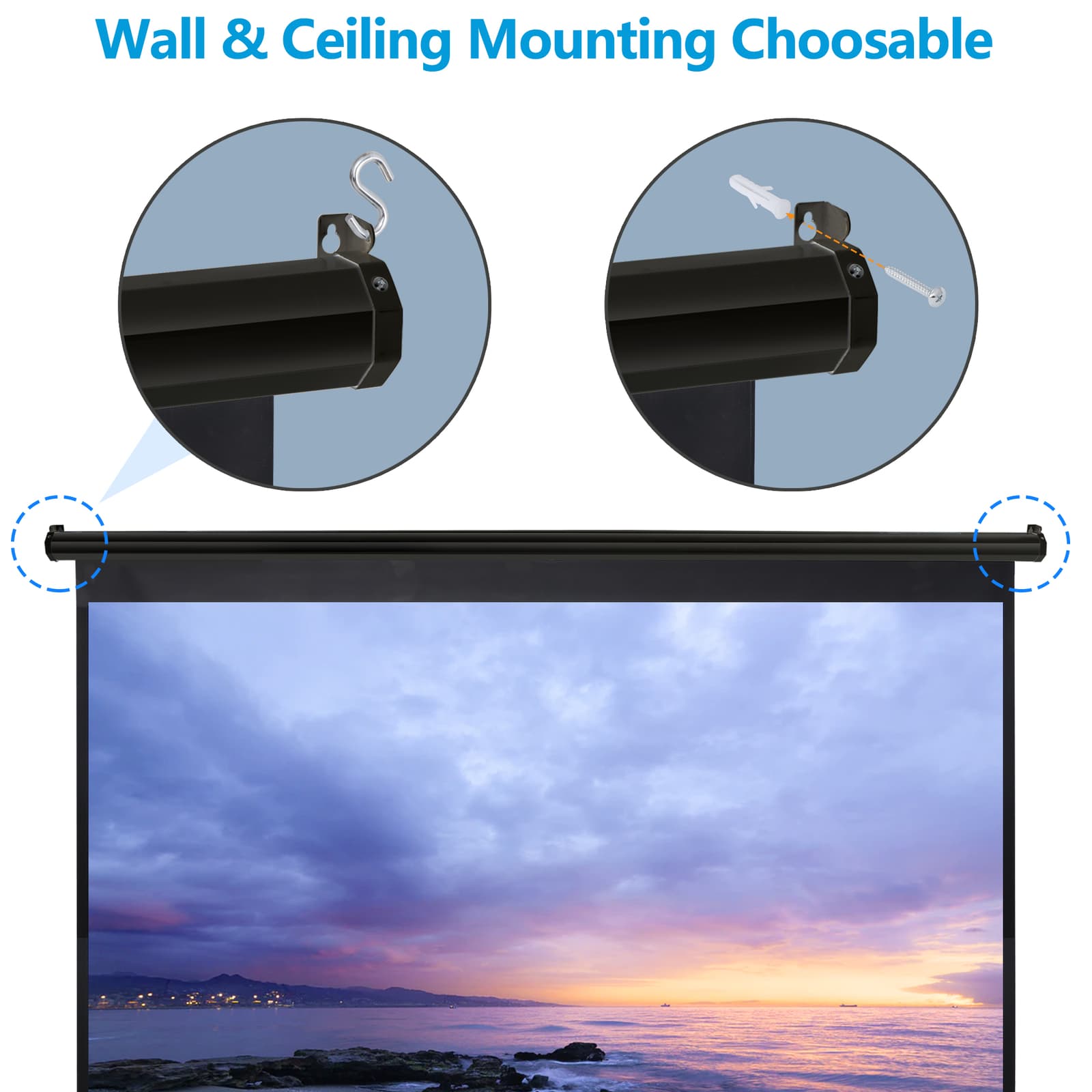 Projector Screen Manual Pull Down 120" Projection Screen for Home Cinema Black 5