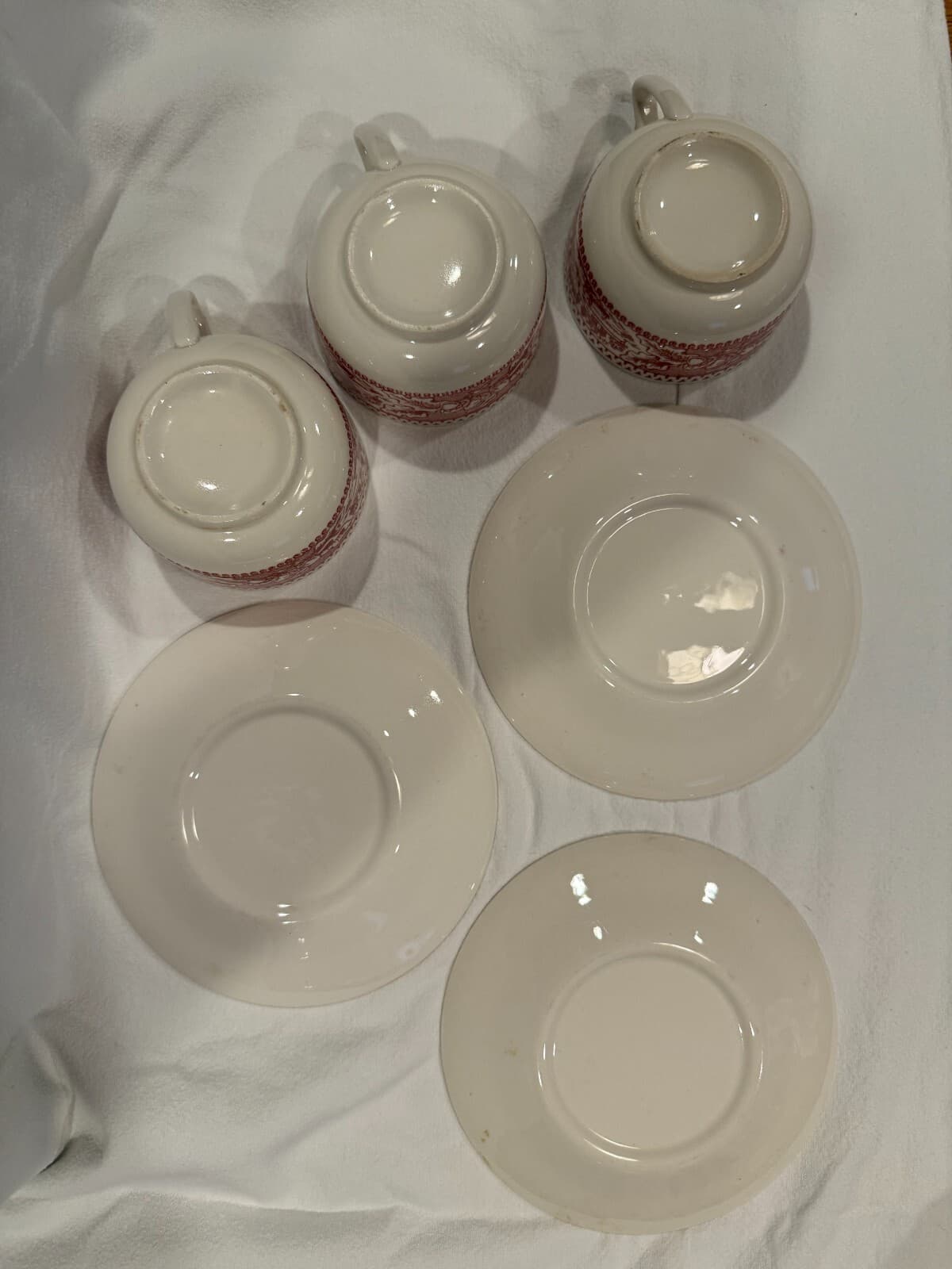 Royal Ironstone Memory Lane Cups & Saucers Red ~ Set of 3 3