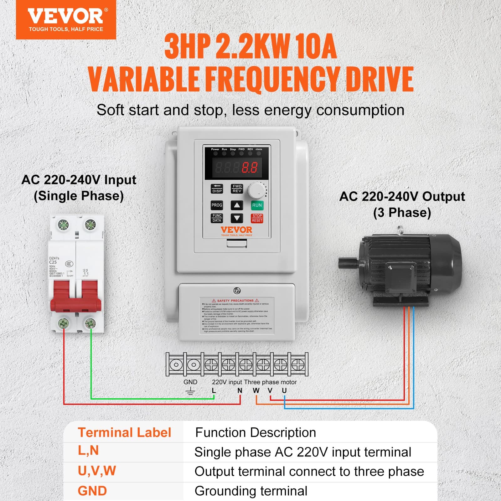 VEVOR VFD 2.2KW 10A 3HP Variable Frequency Drive for 3-Phase Motor Speed Control 2