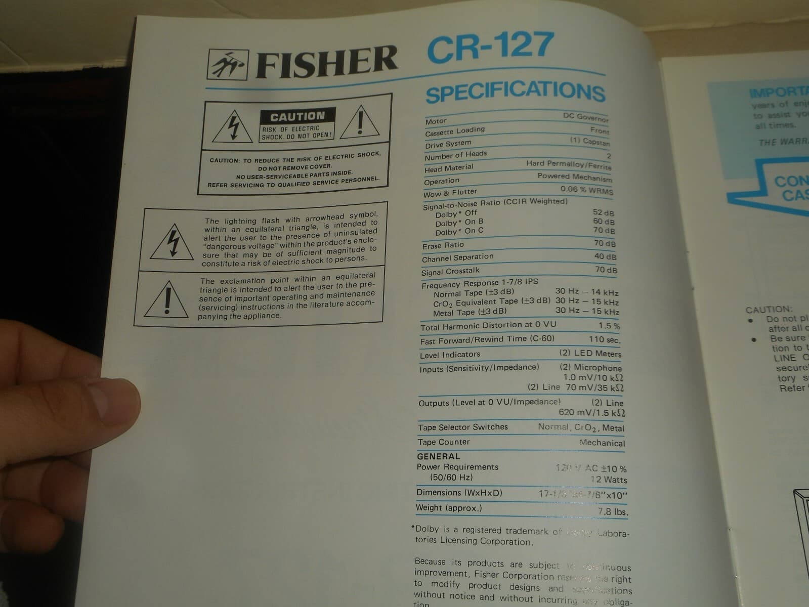 FISHER CR-127 Stereo Cassette Deck Operating Instructions Manual 1982 2