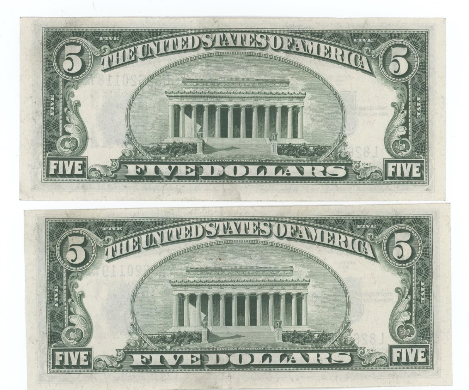 1934B $5.00 Two Consecutive Silver Certificates  Julian - Vinson F-1652 2