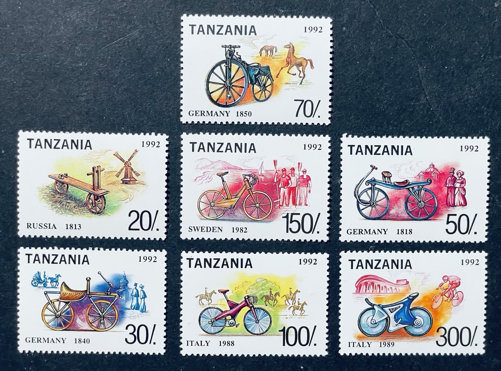 TANZANIA BICYCLES STAMPS SET OF 7 + S/S 1992 MNH BICYCLE BIKE HORSE WINDMILL 2