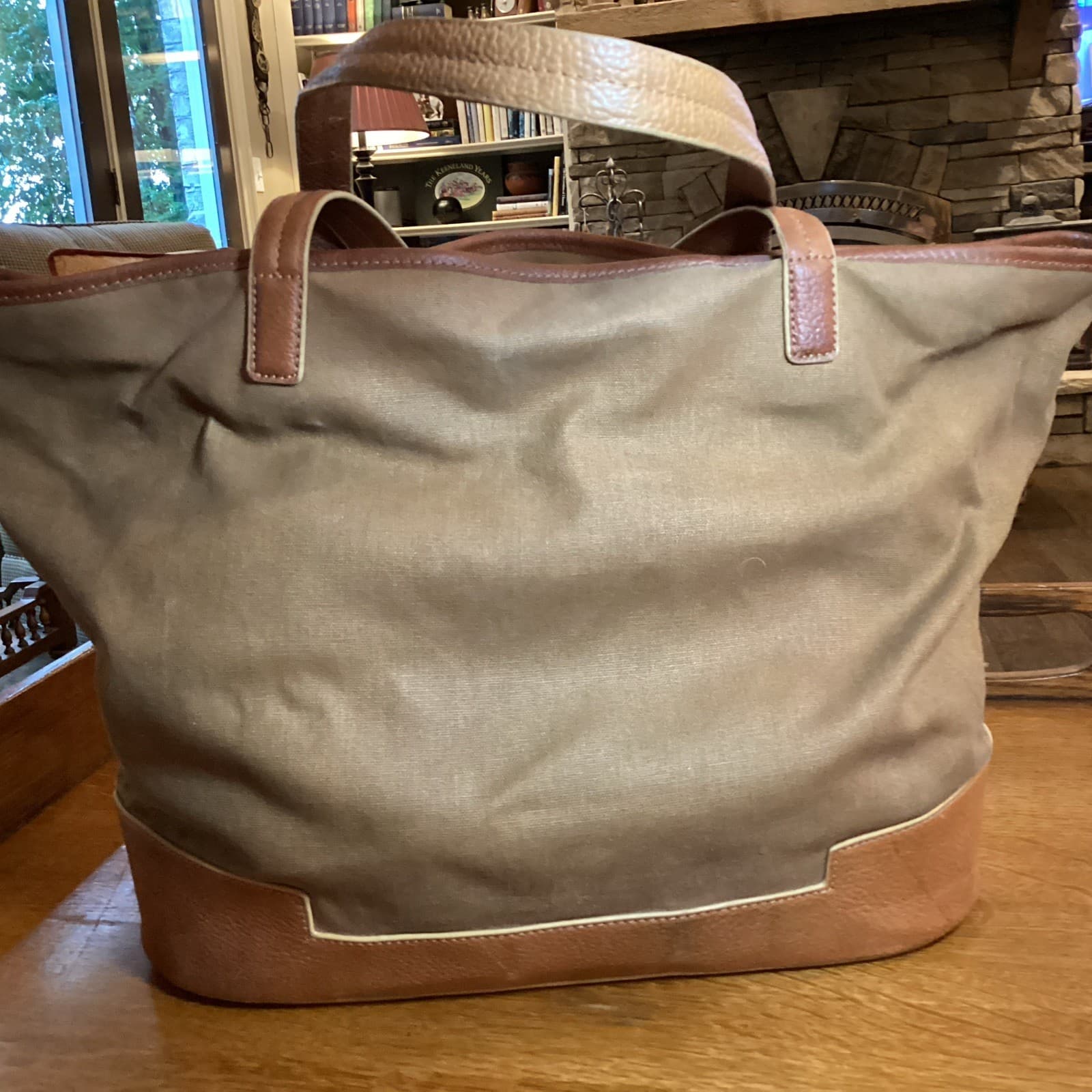 Hunter Boots Leather & Canvas Tote Bag  Brown Shoulder Pockets Travel Commute 3