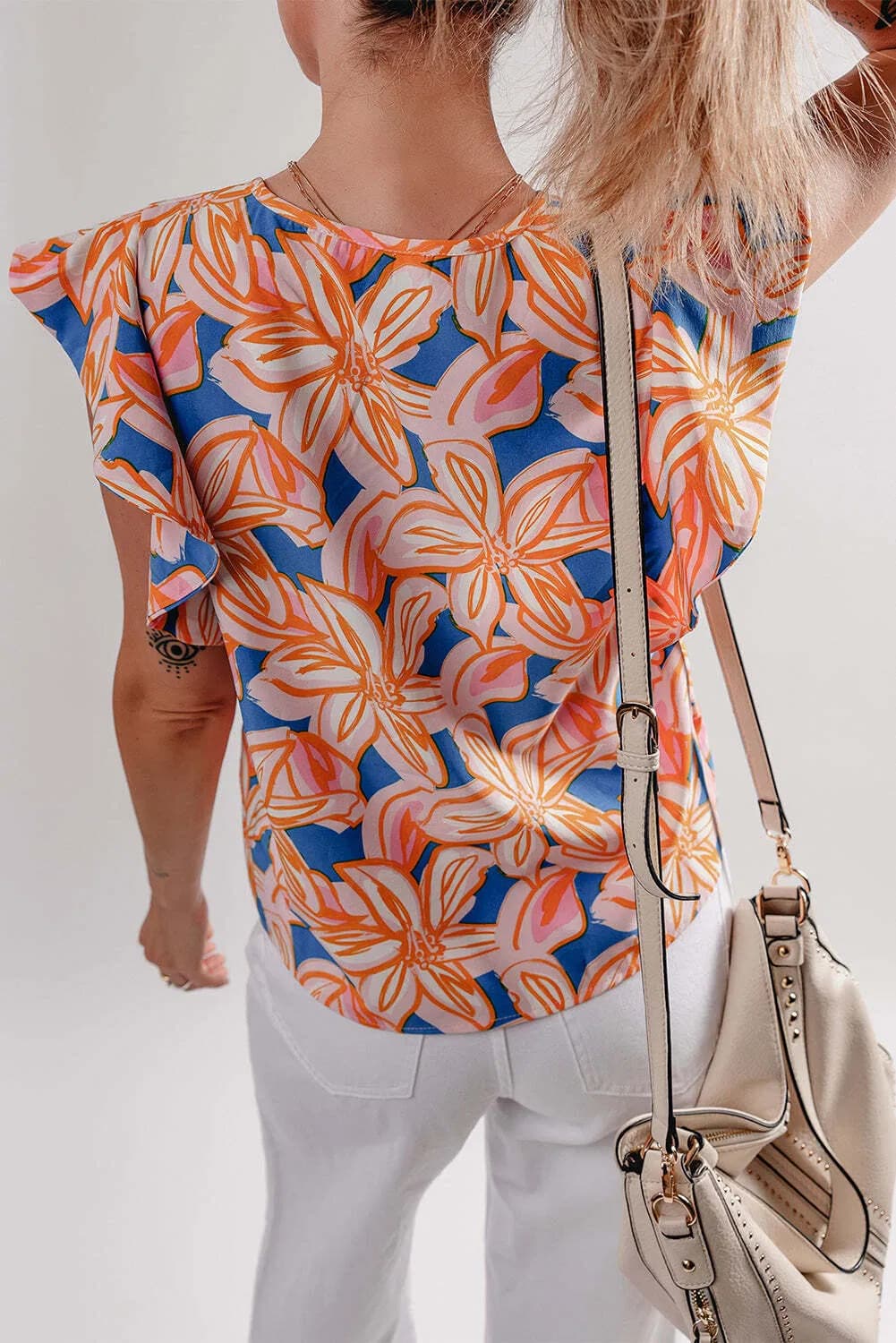 Orange Summer Flower Print Notched Neck Ruffle Sleeve Blouse 2