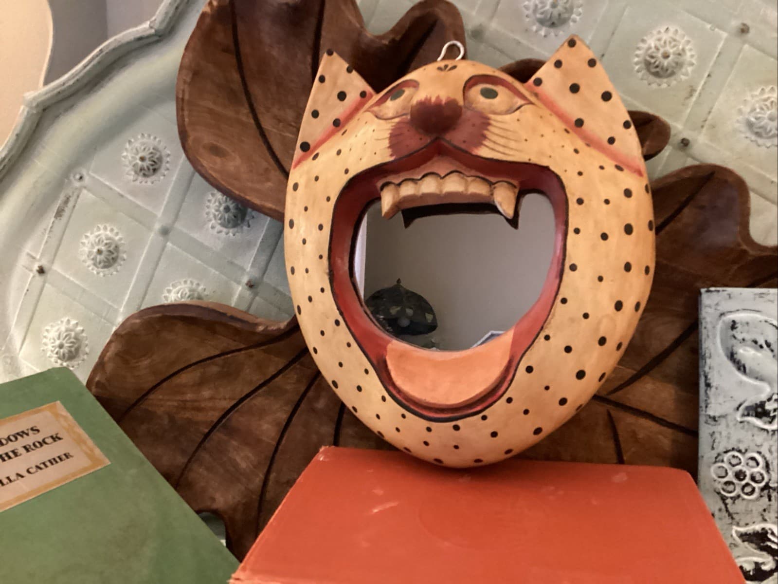 Indonesian Balinese Wood Polka Dot Cat Mouth Mirror Folk Art Kitty Wall Mirror