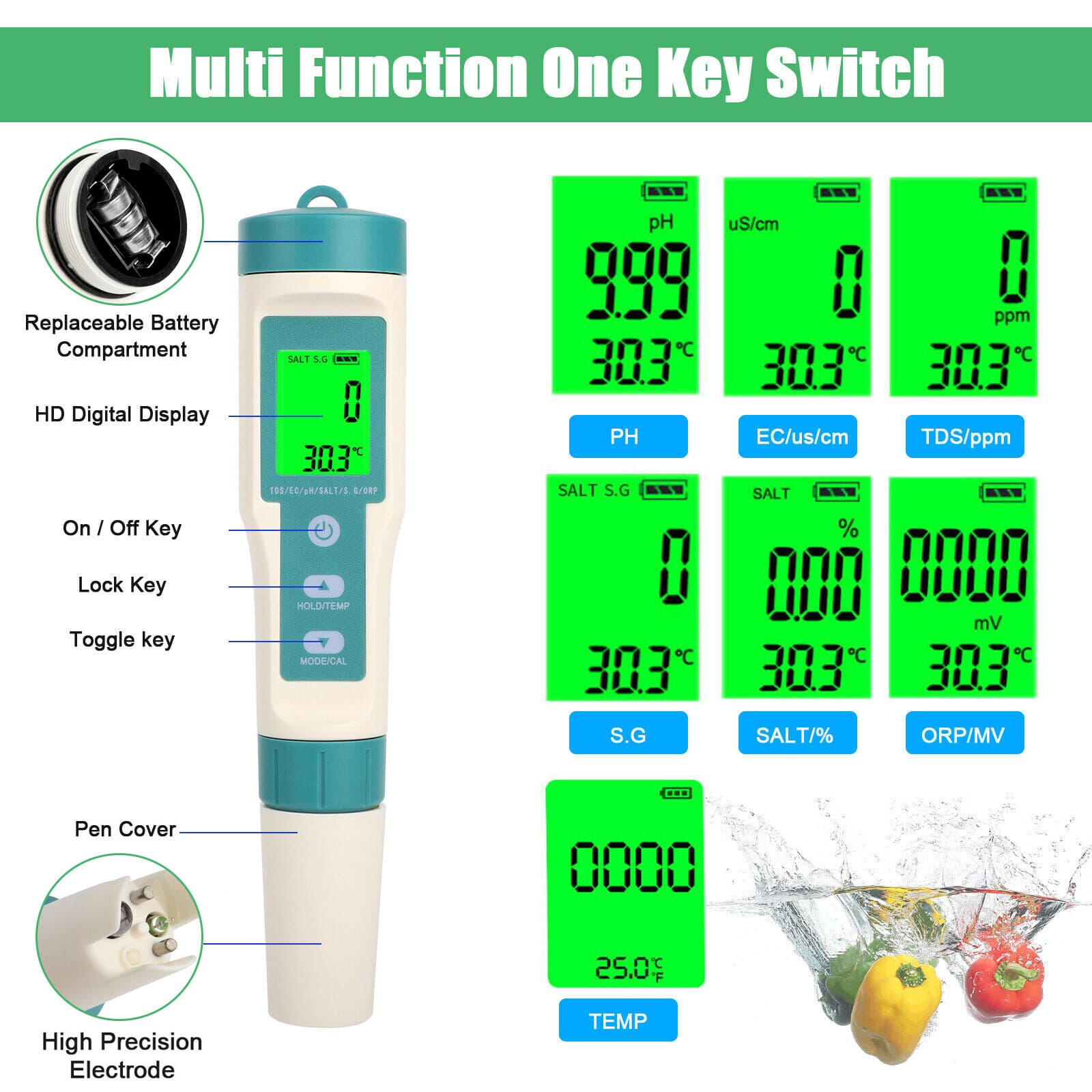 7 in 1 Digital LCD PH/TDS/EC/ORP/TEMP/SG/Salinity Water Quality Tester Meter Pen 3