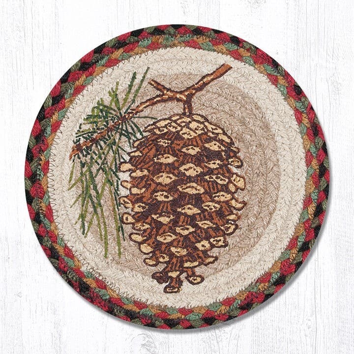 Pinecone Pine Cone 10" Round Placemat Trivet Earth Rugs, Braided Jute, Cabin