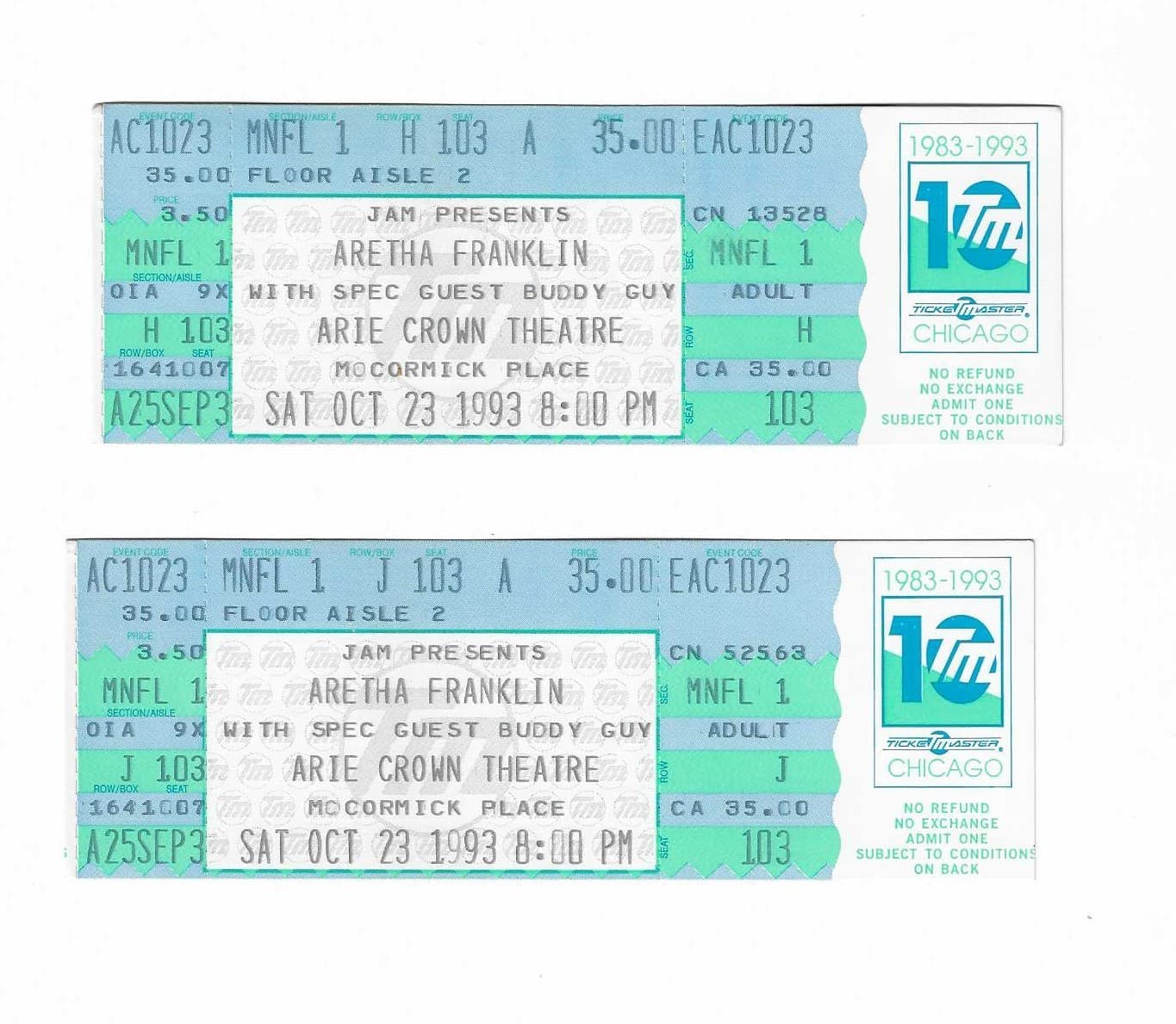 Aretha Franklin Unused Concert Tickets From October 23, 1993