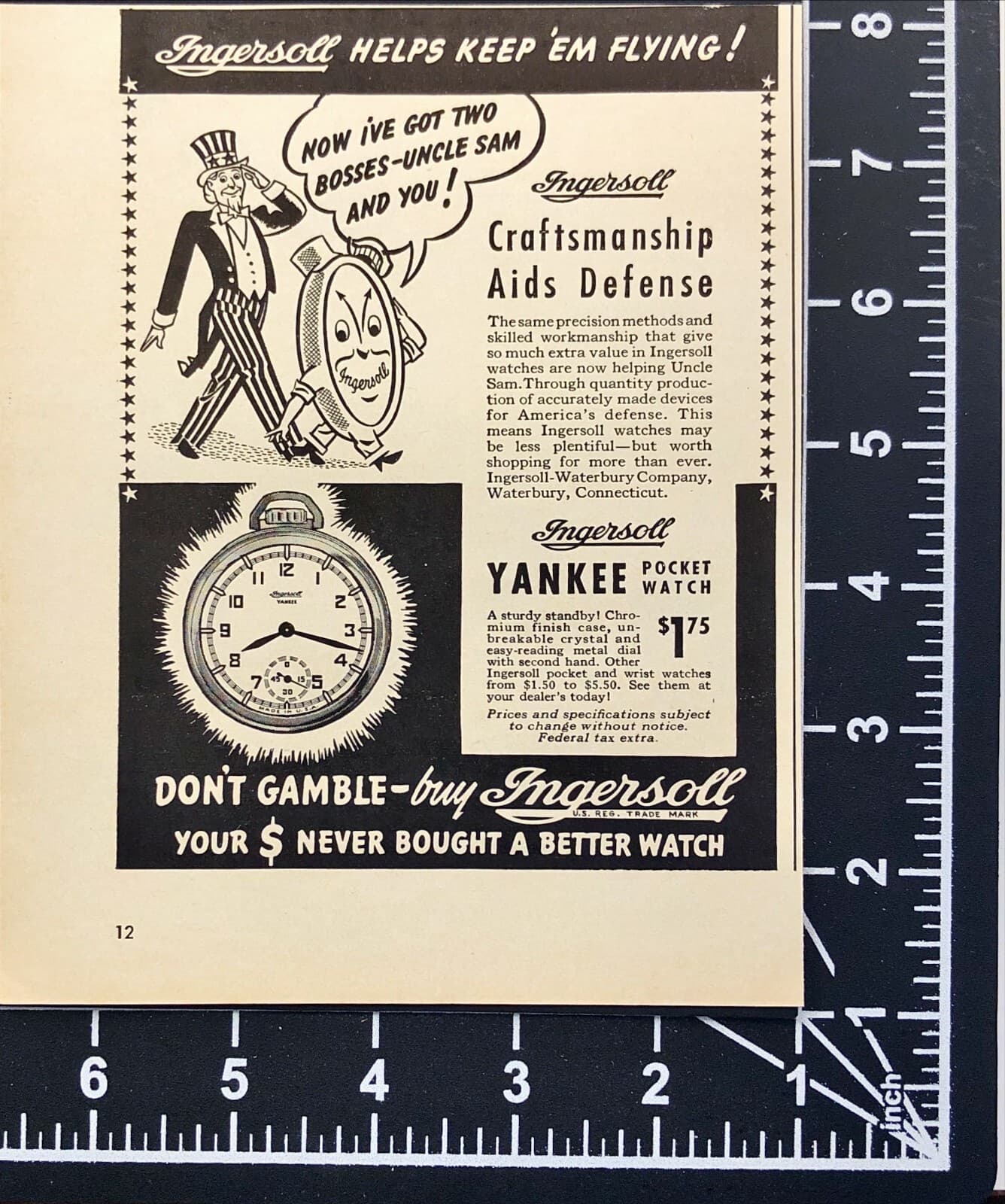 1942 Ingersoll Watches Uncle Sam Walking With Clock Man Vintage Print Ad 2