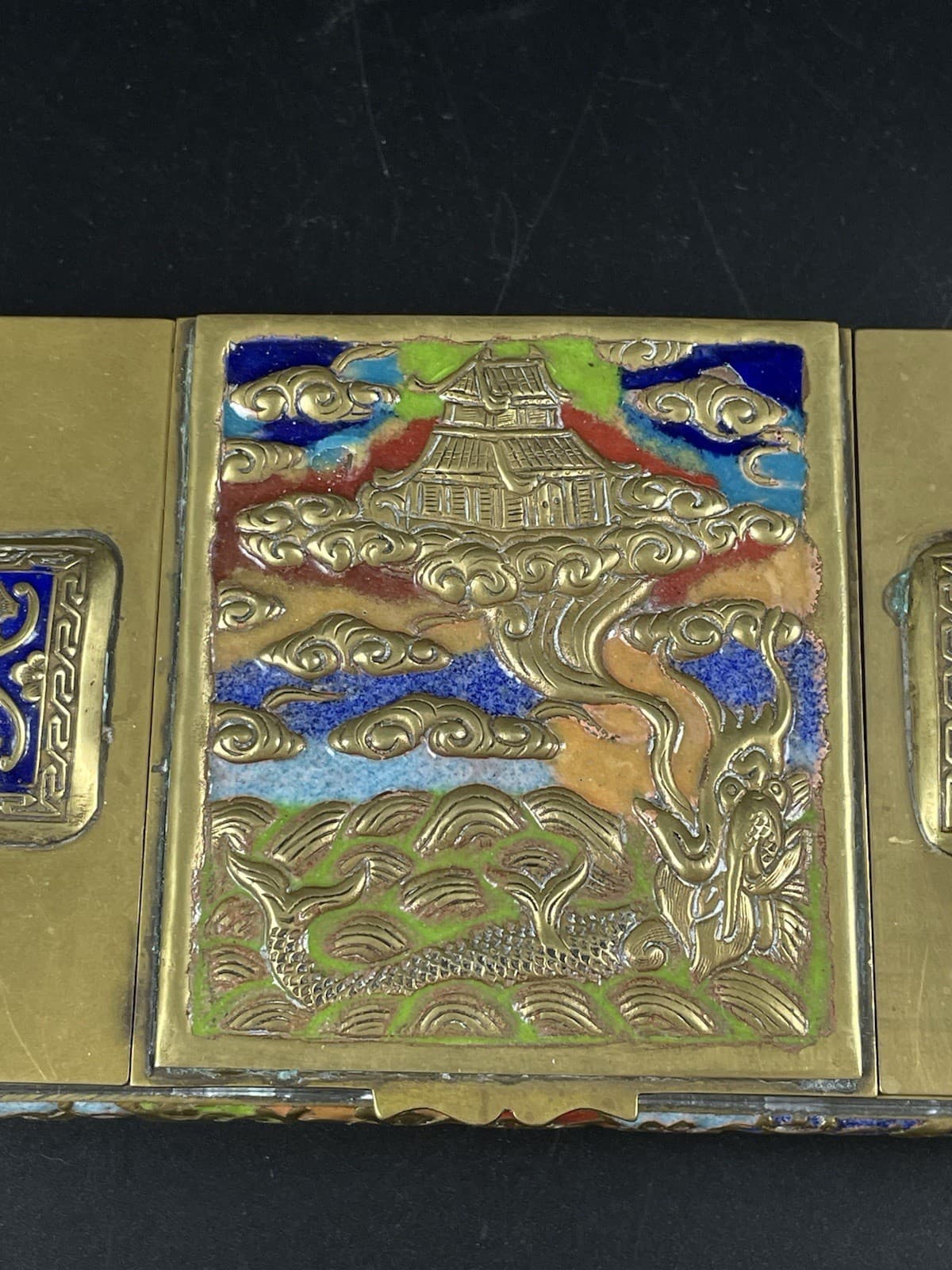 Vintage Chinese Brass & Enameled Stamp Jewelry Trinket Box Temple & Chinoiserie 2