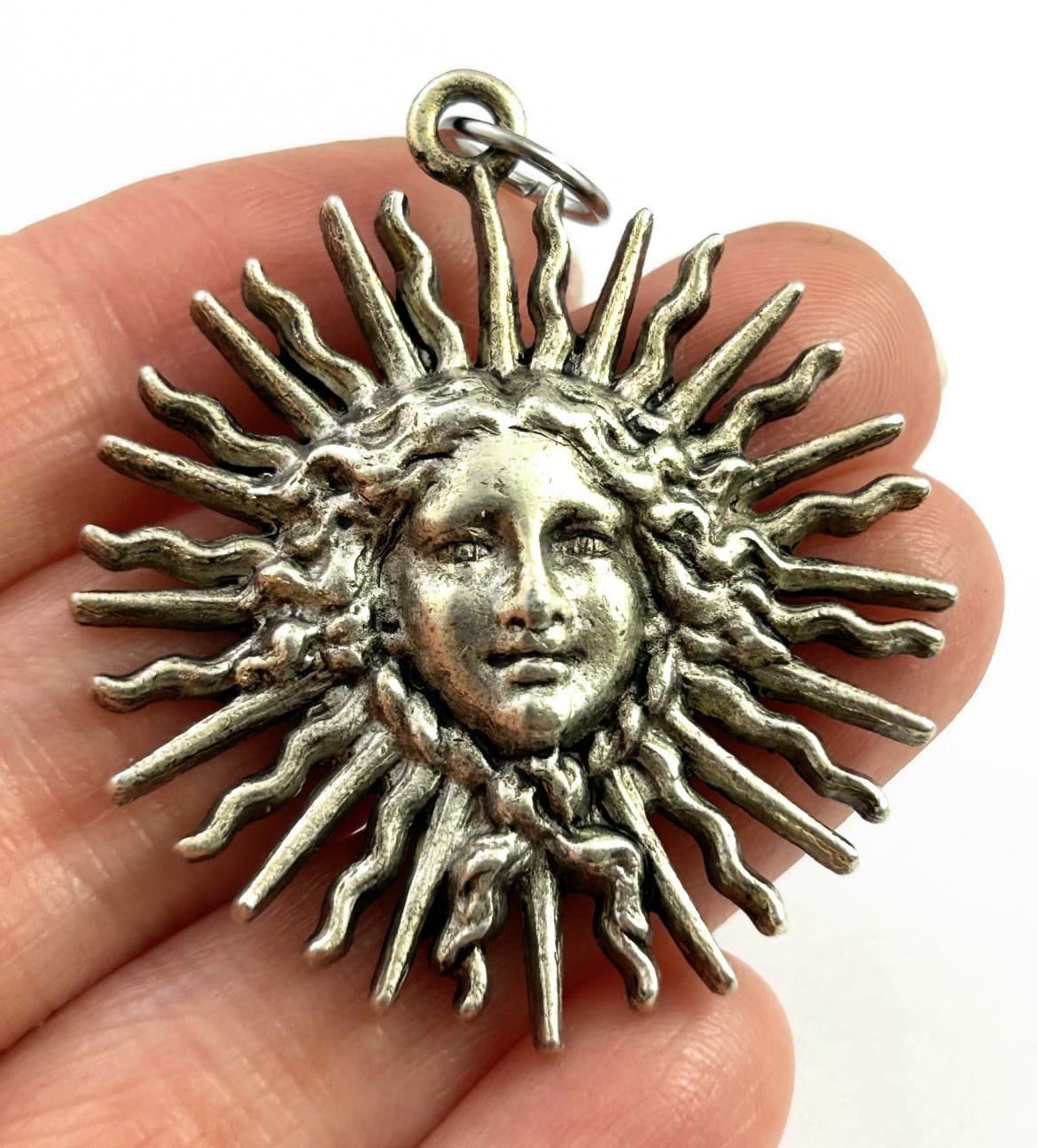 Vintage Pendant Sun Goddess Large Charm Silver Tone Metal Vintage Jewelry 3