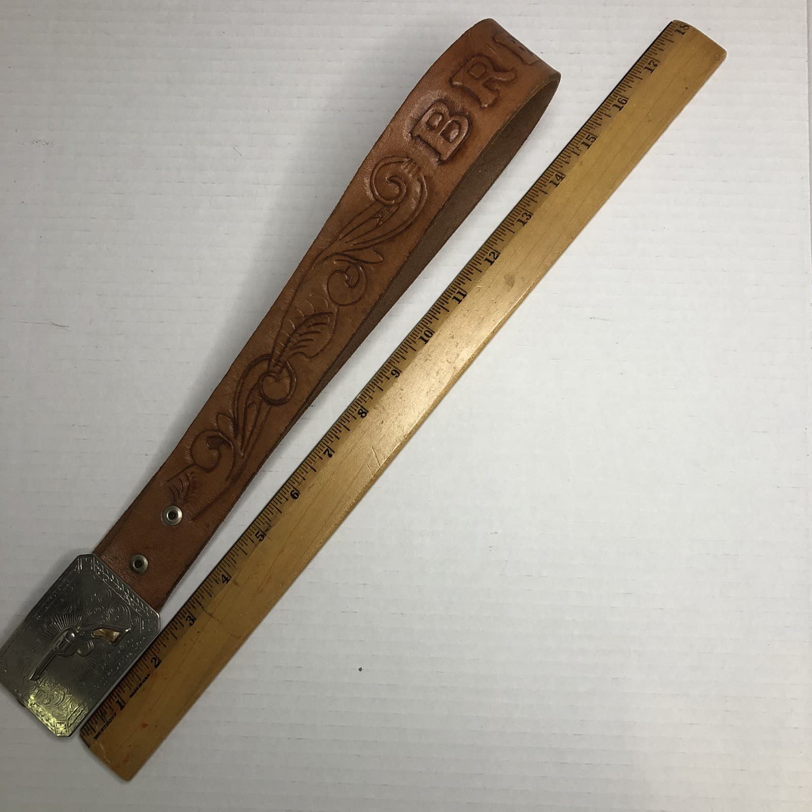 Vintage Tan Leather Belt Hand-Tooled Vine Paisley “BRENDA”  Metal Buckle 5