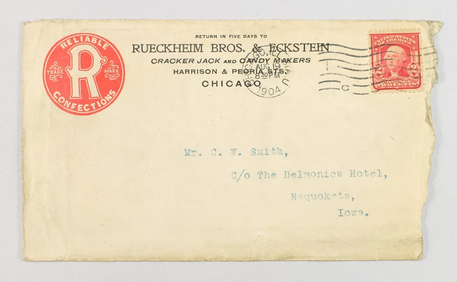 Rare 1904 Rueckheim Bros. & Eckstein Cracker Jack Co. Advertising Envelope