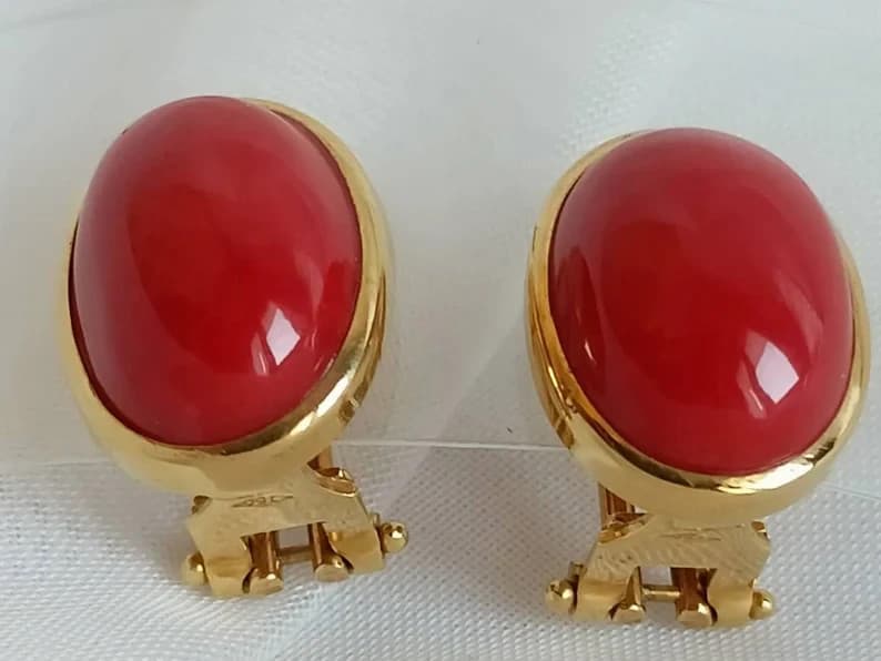 Estate Sardinia Red Coral 18K Yellow Gold Over Clip-On Studs Earrings Good Luck