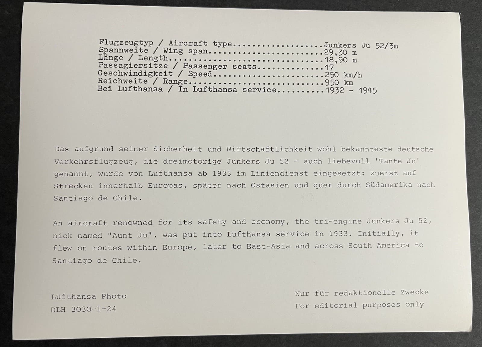 LUFTHANSA JUNKERS Aunt Ju 52 1932-45 7x9.5” Vintage Aviation Archive Photo 3