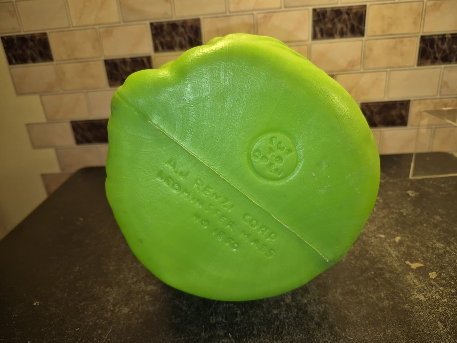 Vintage A.J. Renzi 16 Inch Cat Blow Mold Coin Money Bank Green With Pink Eyes 6