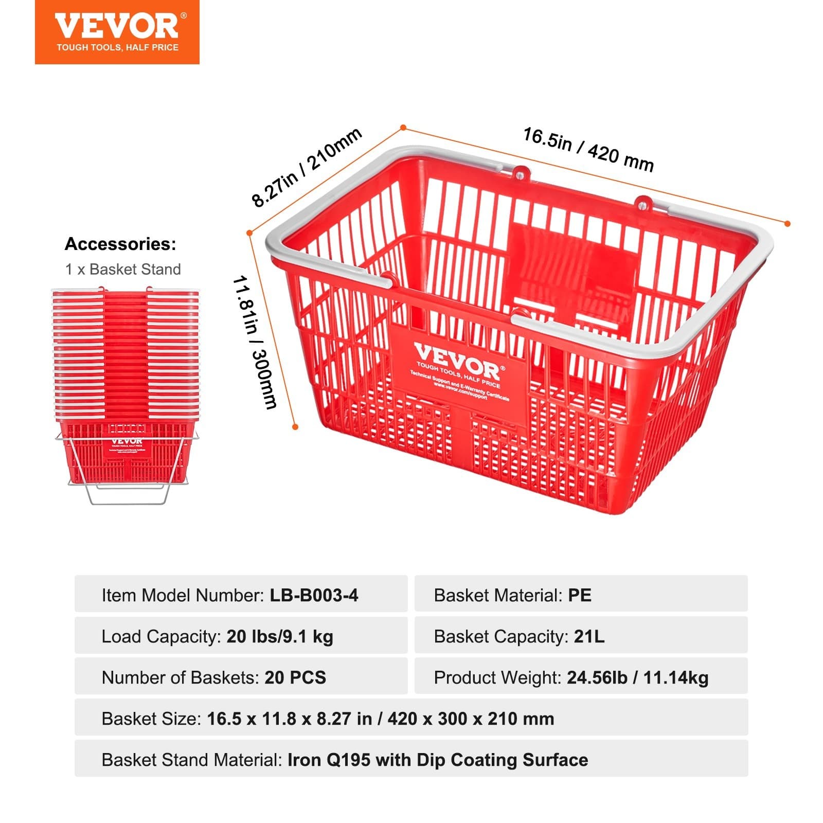 VEVOR Shopping Basket,Set of 20,21L Durable Plastic Grocery Basket with Handle a 6
