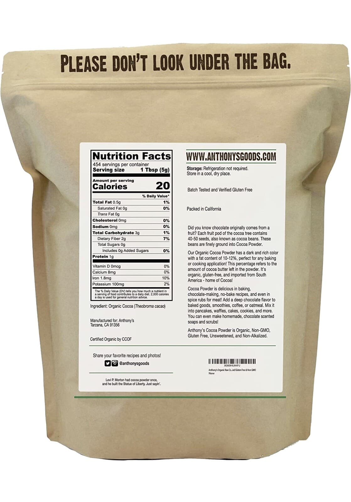 Organic Raw COCOA POWDER Gluten-Free Non-Gmo~5 Lbs~by Anthony's~Read Docs. 2