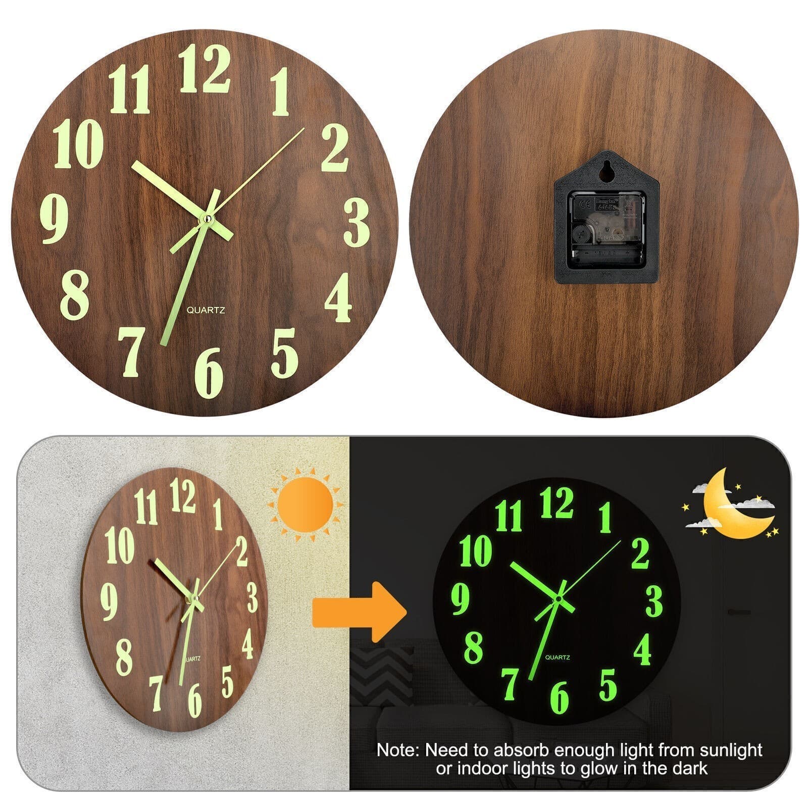12'' Wall Clock Large Luminous Quartz Night Light Glow In The Dark Silent Home 2