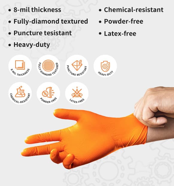 Black/Orange Nitrile Disposable Gloves 8 Mil Raised Diamond Texture | Fast Ship 4