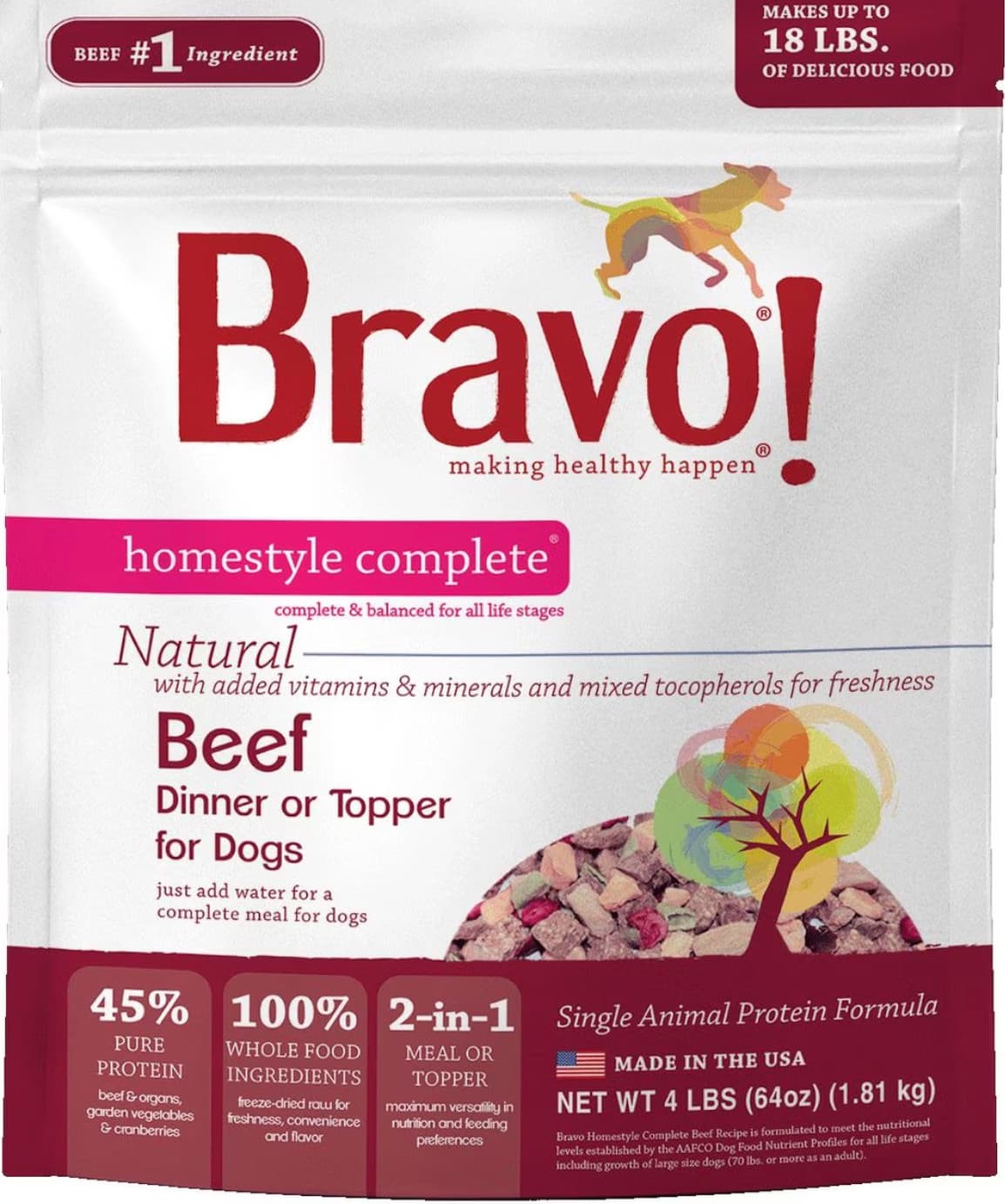 Bravo! Homestyle Complete Beef Dinner Grain-Free Freeze-Dried Dog Food 4lb