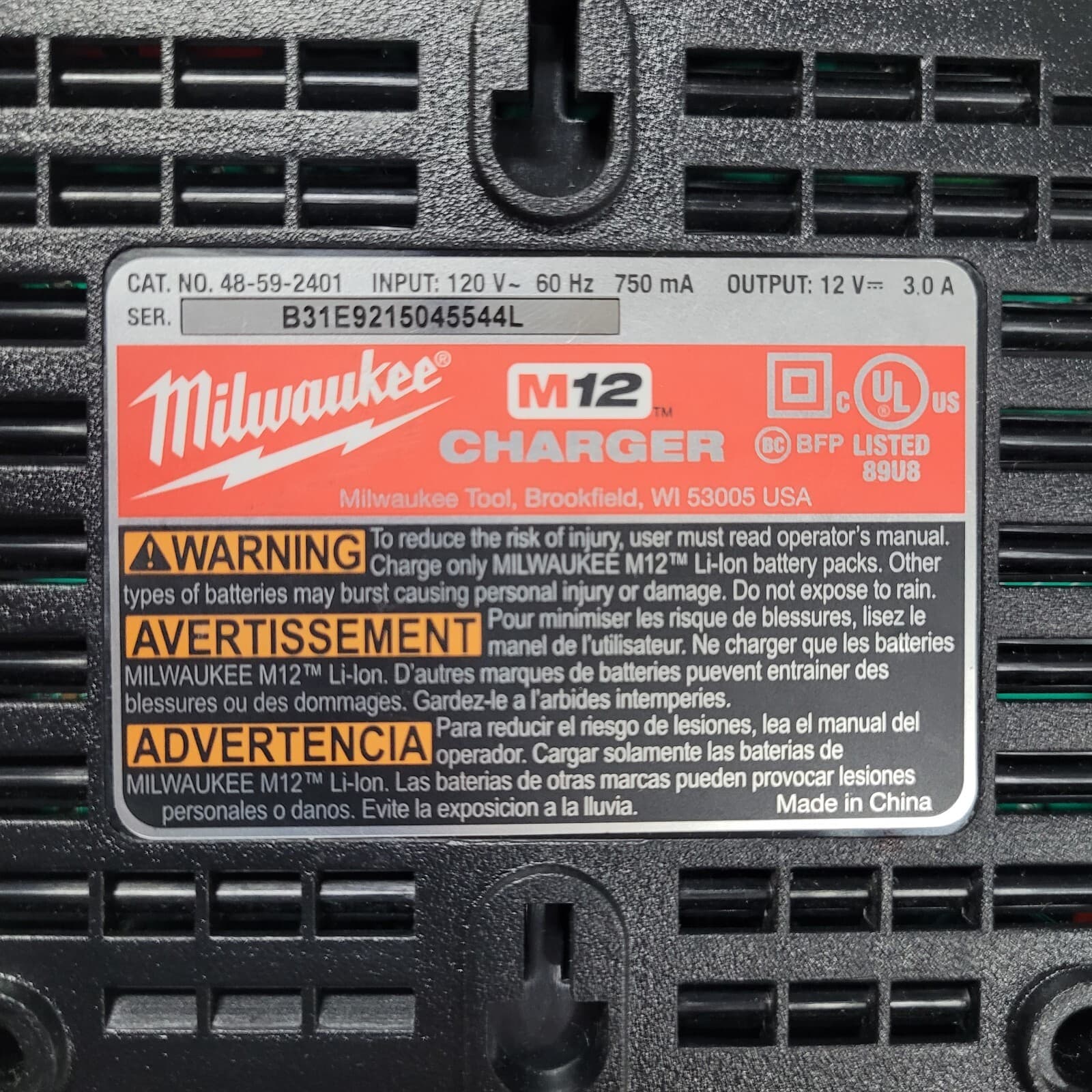 Milwaukee M12 Battery Charger Lithium-Ion 12V 48-59-2401 3