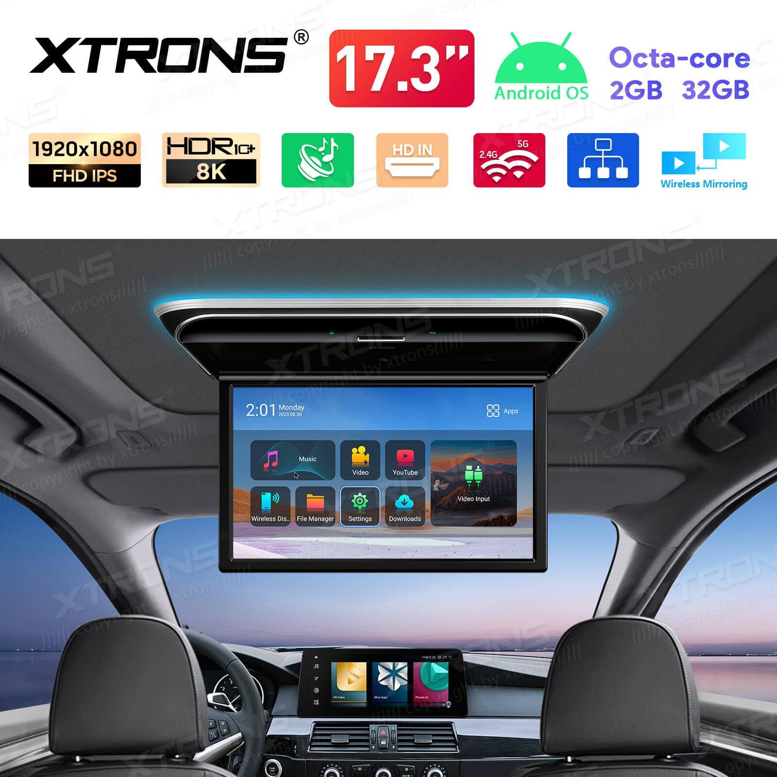17.3" Android 32GB Car Roof Overhead Monitor TV HDMI WiFi IPS Screen Mirror 2