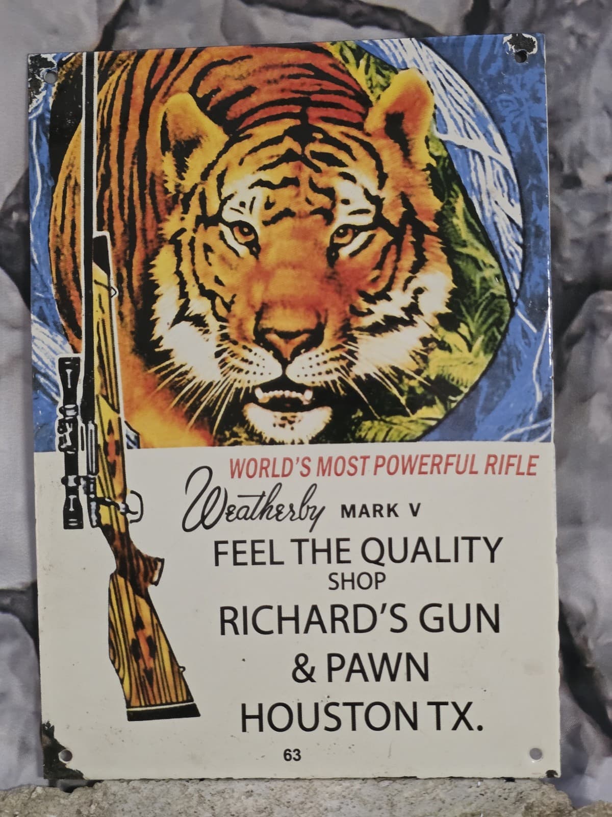 VINTAGE  WEATHERBY MARK V PORCELAIN SIGN HOUSTON 12"×8"