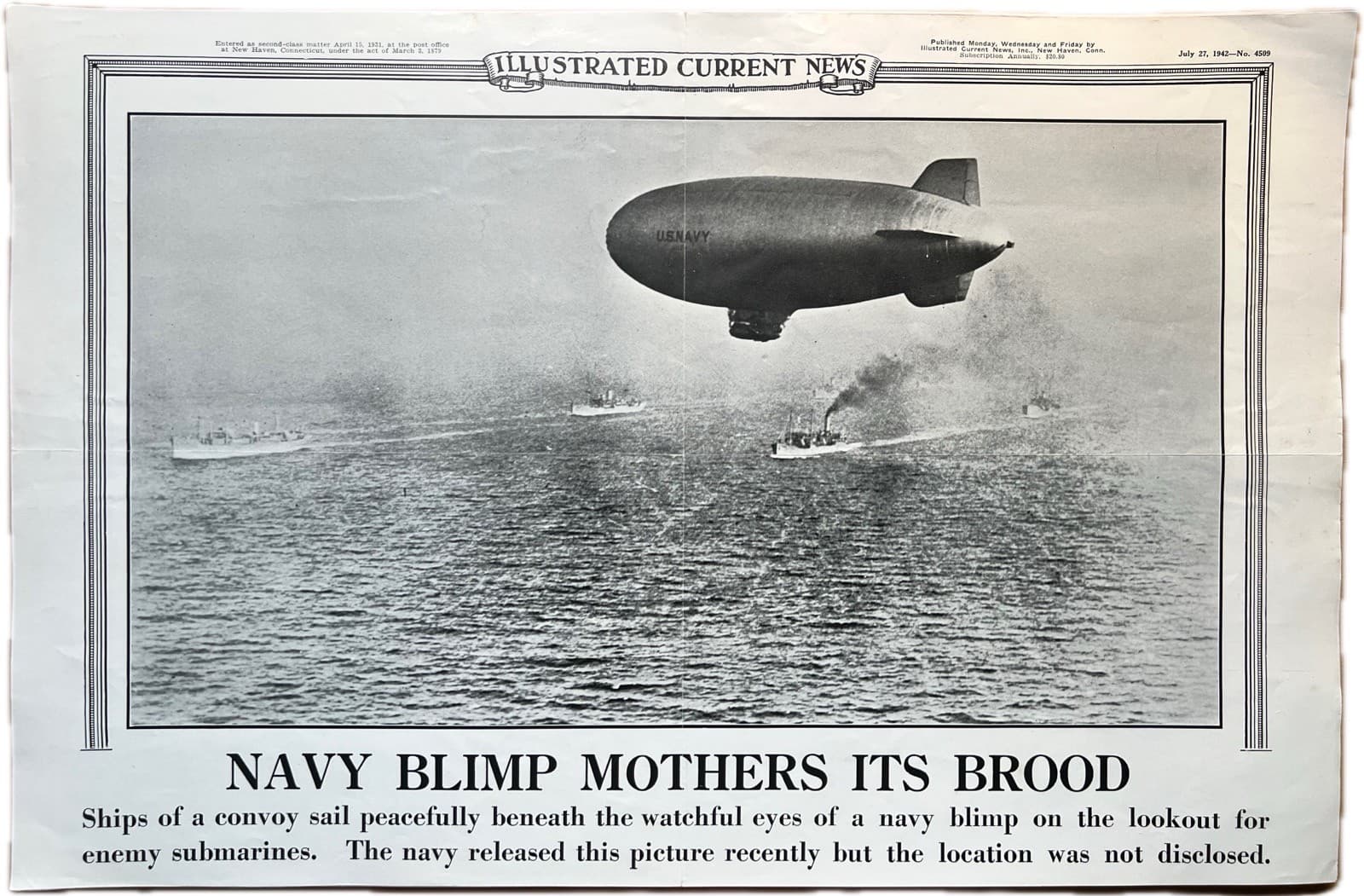 1942 NAVY BLIMP MOTHERS ITS BROOD AIRSHIP ZEPPELIN ILLUSTRATED CURRENT NEWS WWII