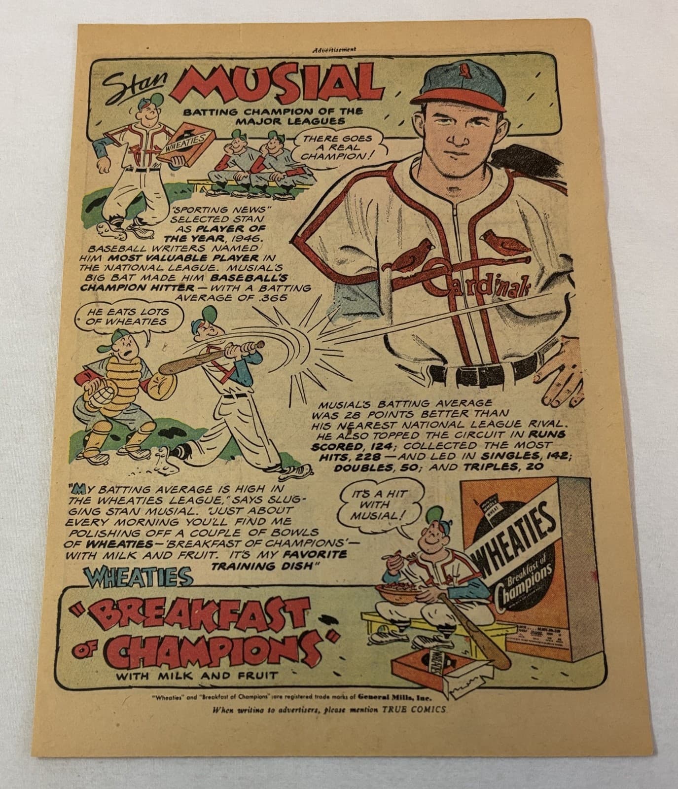 1947 Wheaties STAN MUSIAL cartoon ad page ~ St Louis Cardinals