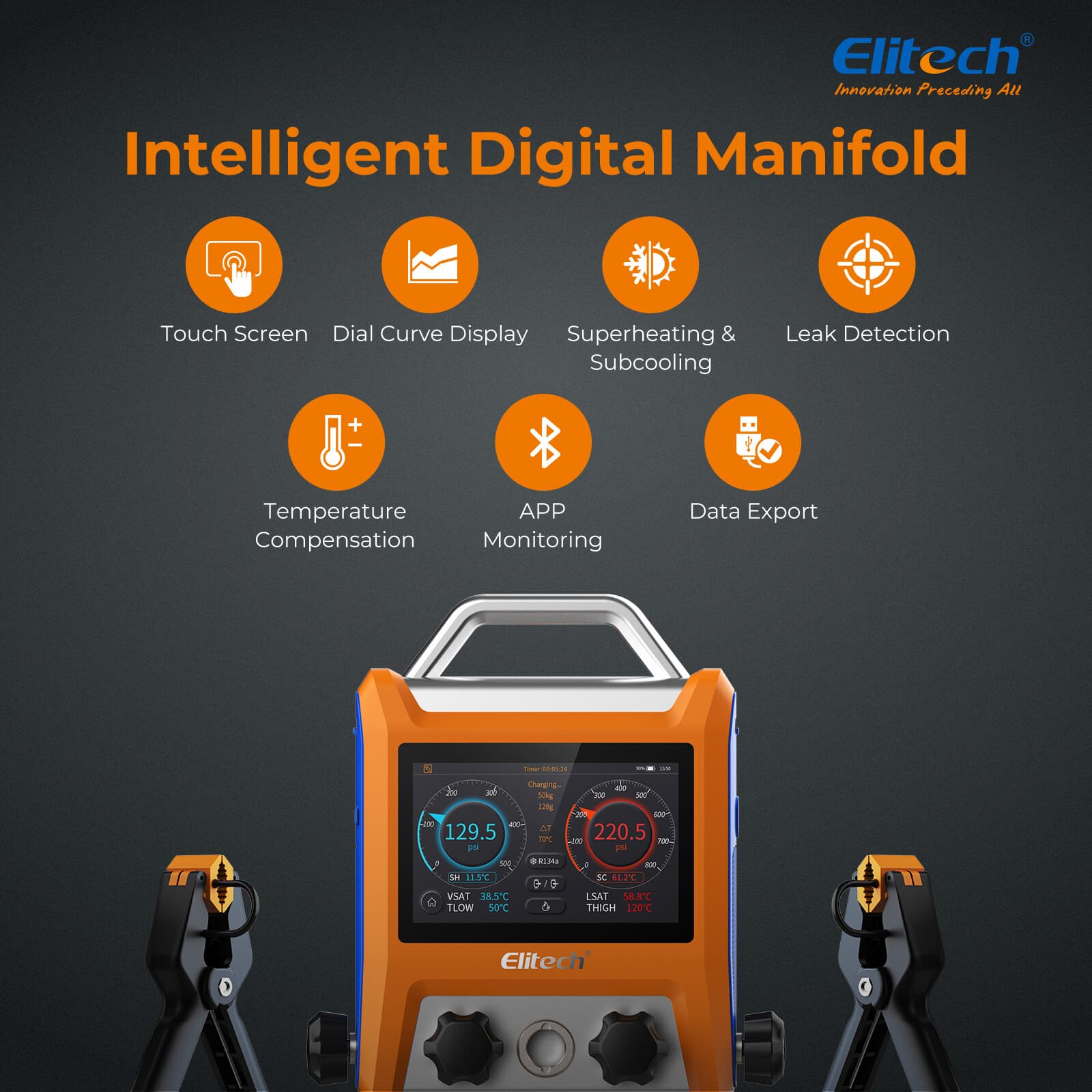 Elitech EMG-40V Digital Manifold Kit 4 Valves Pressure HVAC Gauge Vacuum w/ Hose 3