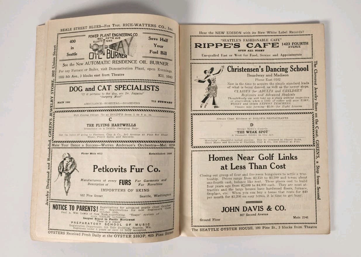 CIRCA 1920's "ORPHEUM CIRCUIT NEWS & PROGRAM" , ORPHEUM THEATRE SEATTLE, WA  6