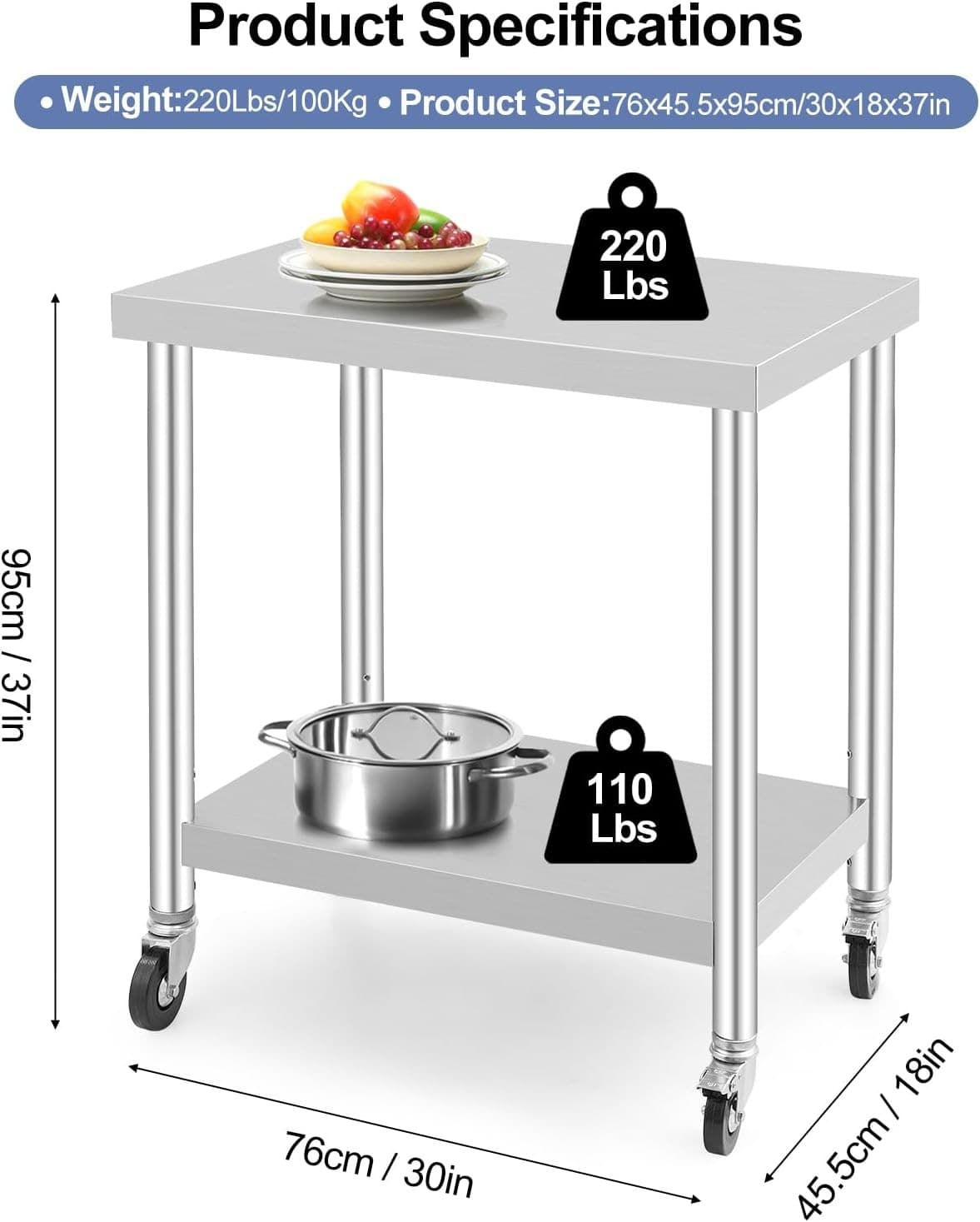 36"x24" / 30"x18" Stainless Steel Commercial Kitchen Food Prep Table w/ Casters