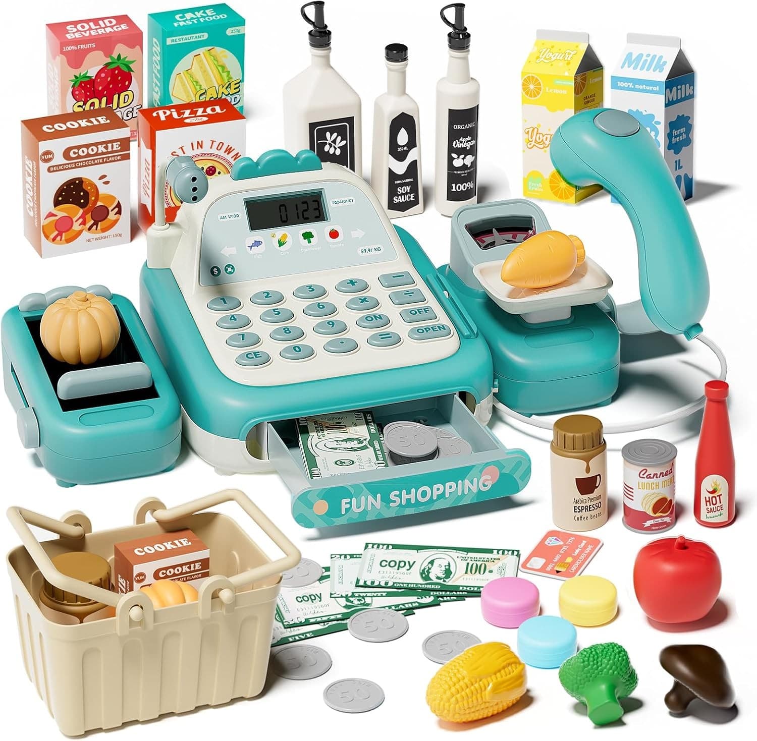 49PCS Pretend Play Cash Register Toy Set for Kids with Real...