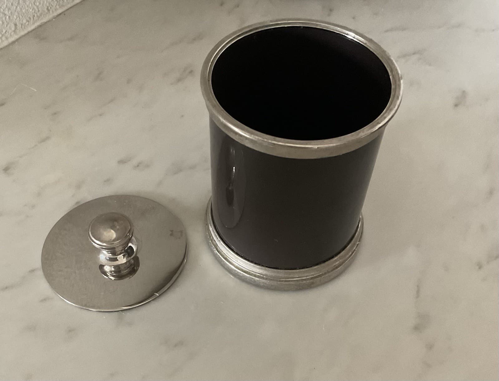 Restoration Hardware Bathroom Storage Canister W Lid, DK Brown/silver,$44 Retail 4