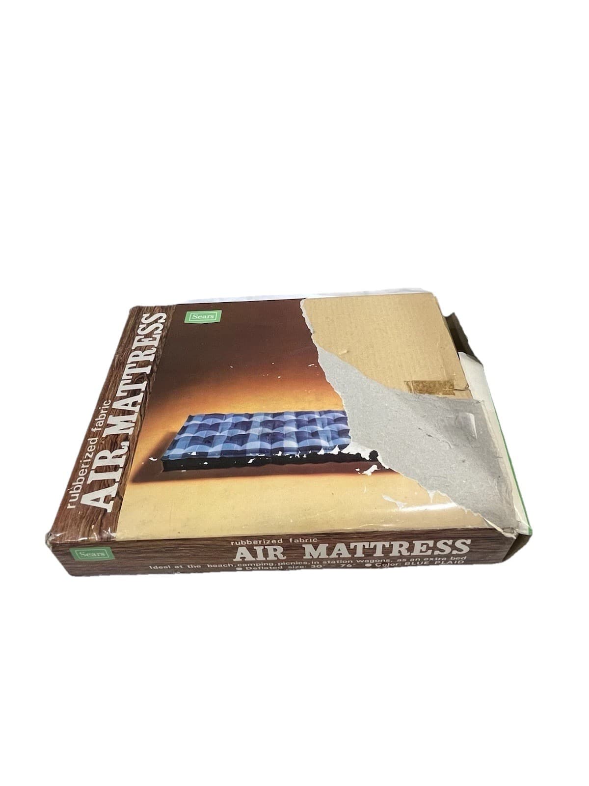 Vintage Sears Nylon Fabric Camping Mat Mattress Air Inflatable 76x30 Plaid Blue 5