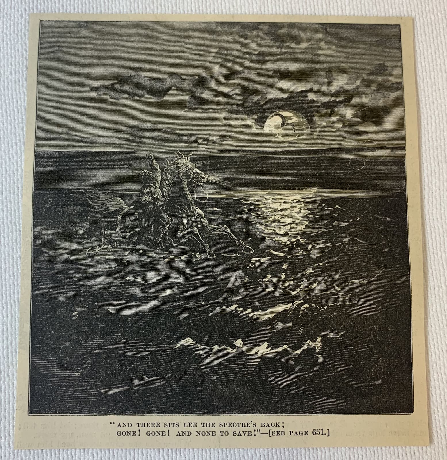 1872 magazine engraving~ MAN RIDING HORSE THROUGH THE WAVES AT NIGHT