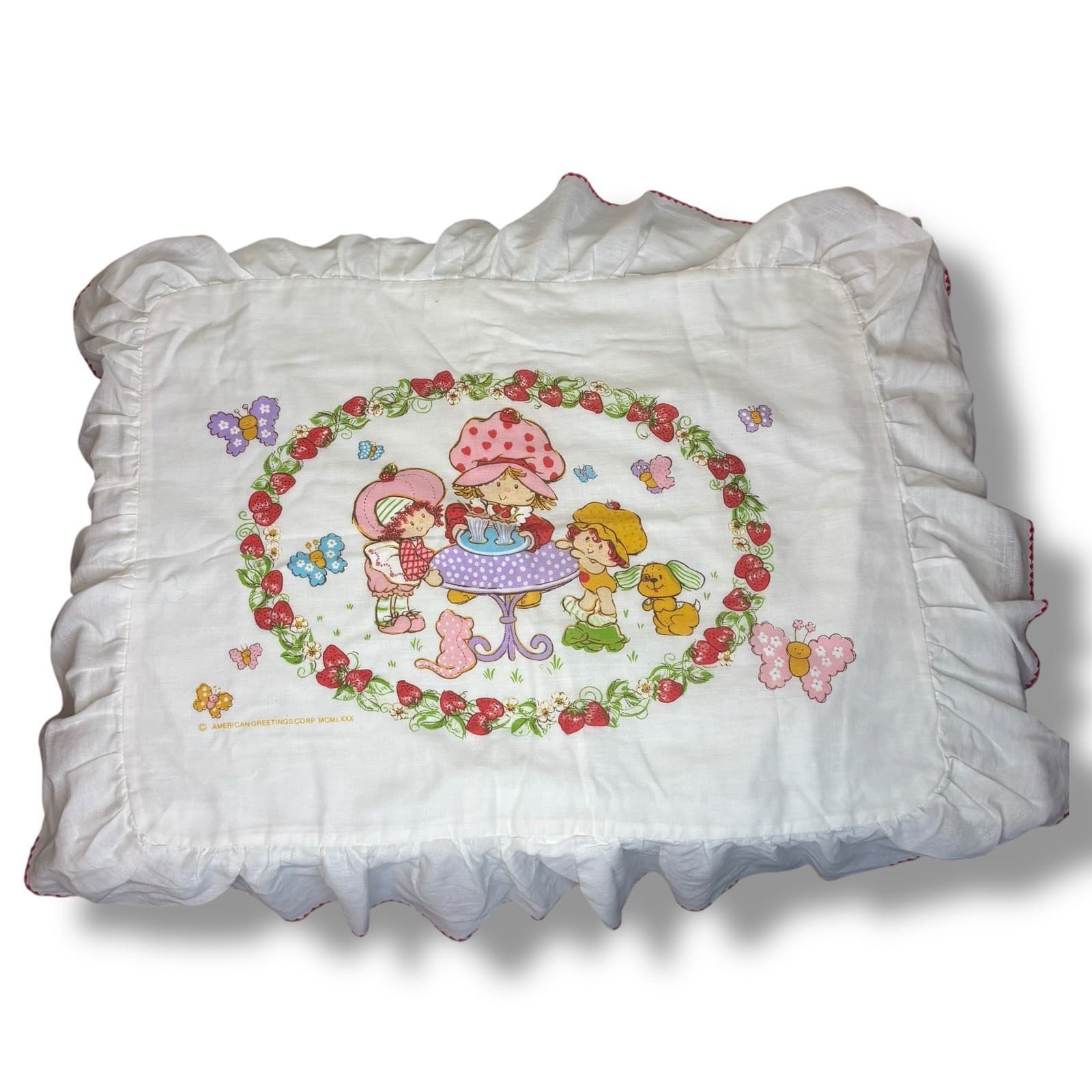 VTG American Greetings Strawberry Shortcake Ruffle Pillow Sham Set 2 White 1980