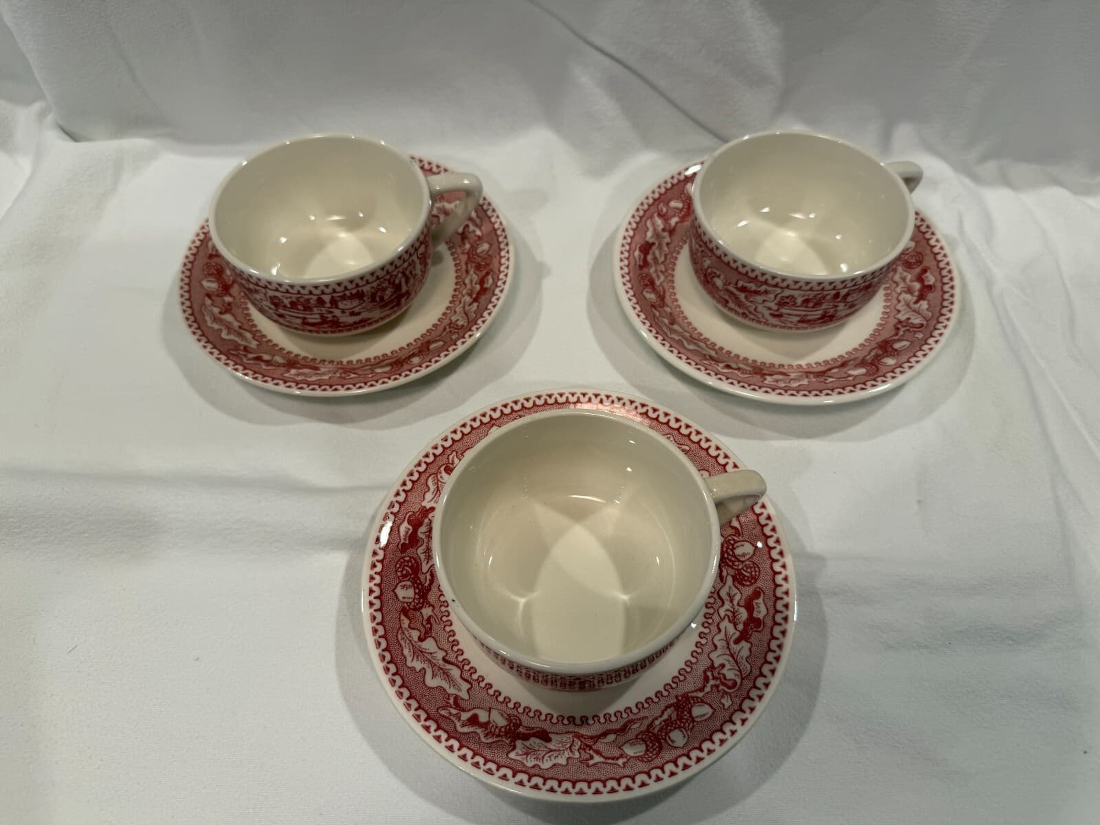 Royal Ironstone Memory Lane Cups & Saucers Red ~ Set of 3