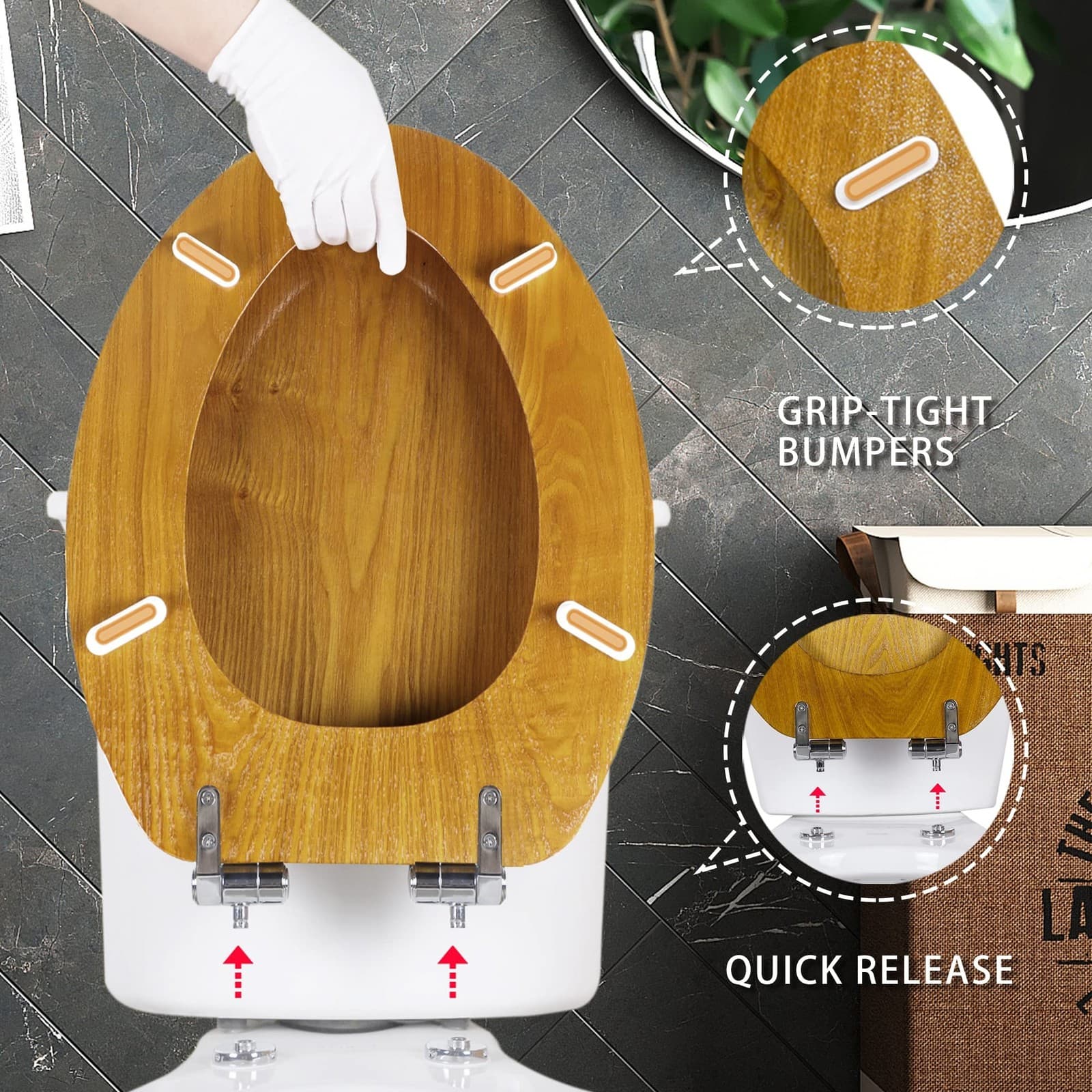 Angel Shield Wood Veneer Natural Toilet Seat with Quiet Close, Easy Clean, Qu... 5