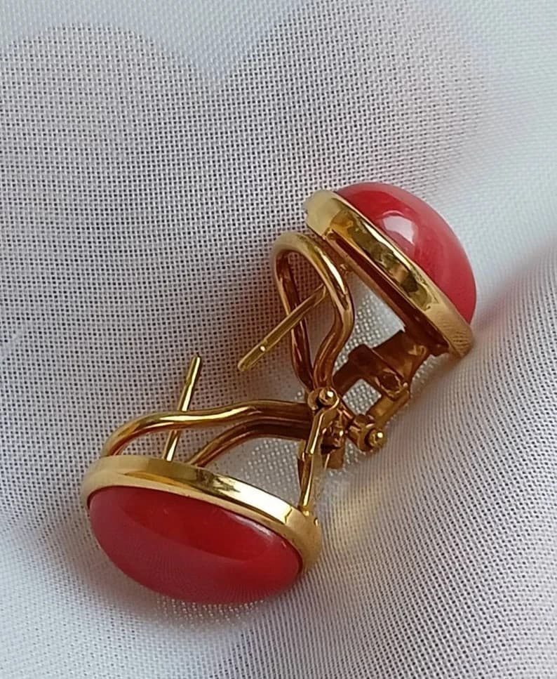 Estate Sardinia Red Coral 18K Yellow Gold Over Clip-On Studs Earrings Good Luck 5