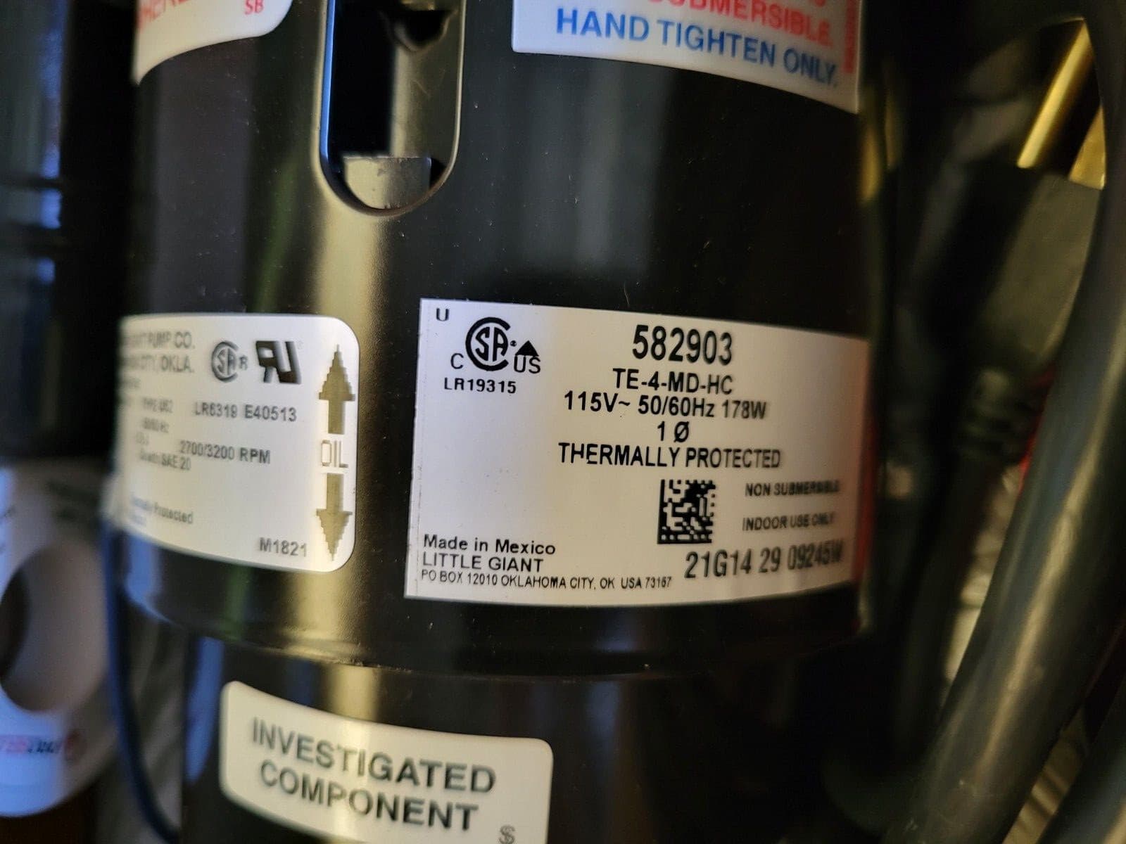 Little Giant 582903 TE-4-MD-HC Pump 1/10 Hp Pps Magnetic 115V 1" 4