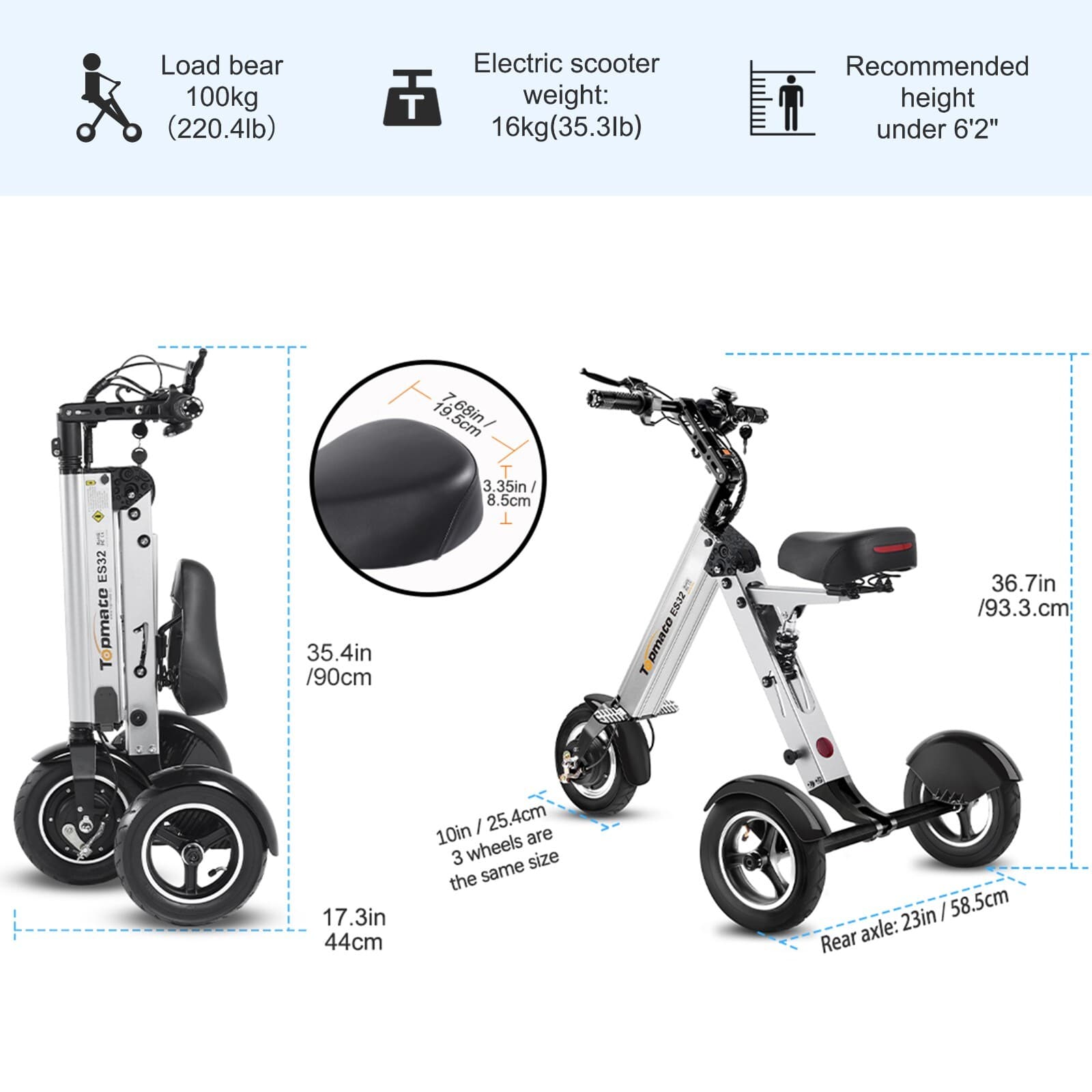 Topmate ES32 Electric Tricycle for Adult, Foldable 3 Wheel Mobility Scooter 2
