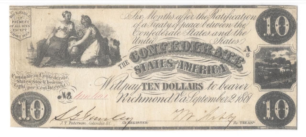 T-28 PF-7 1861 $10 Confederate Civil War Note PMG Very Fine 25 Bright Good Color 2