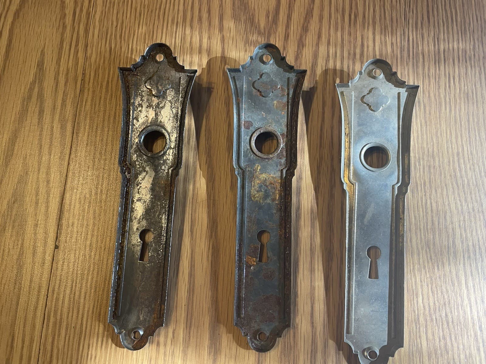 3 Vintage  Art Deco Door Knob Back Plates with Keyhole - Stamped Steel 4