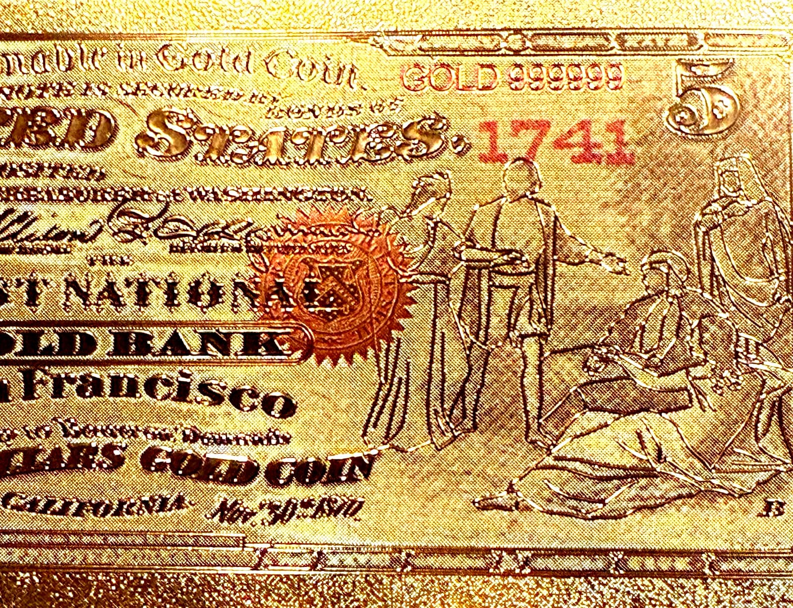 1870 $5 BILL UNITED STATES 24K GOLD BANKNOTE IN PROTECTIVE SLEEVE COA 3