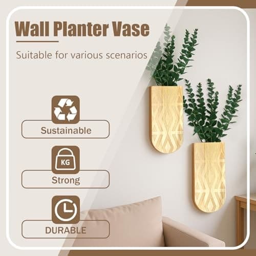 2 Pack Boho Wood Wall Planter with Faux Eucalyptus Plants | Modern Brown-c 2