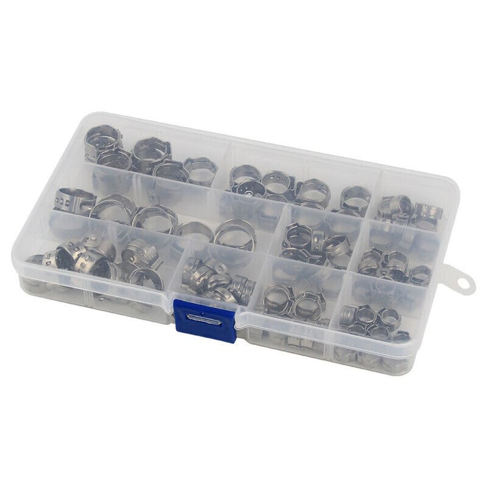 100pcs Assorted Hose Clamps Stainless Steel Ear Cinch Rings Crimp Pinch Kit 3