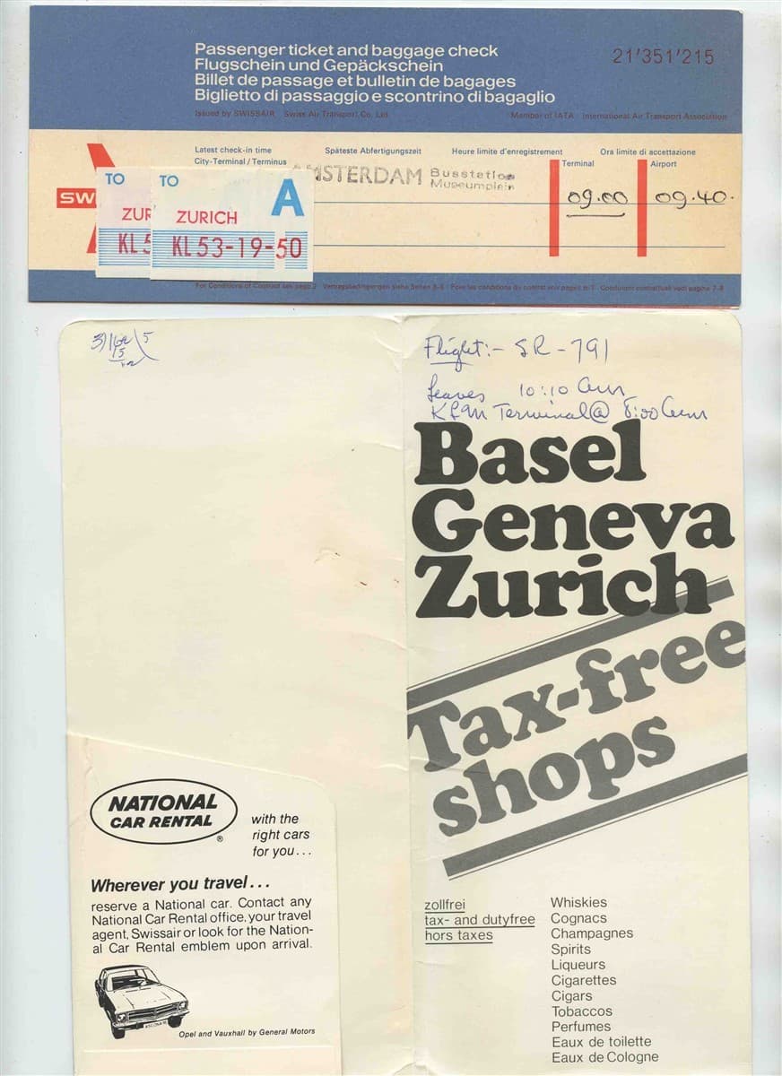 Swissair Ticket Jacket & Ticket & Tags Amsterdam Zurich 1972 2