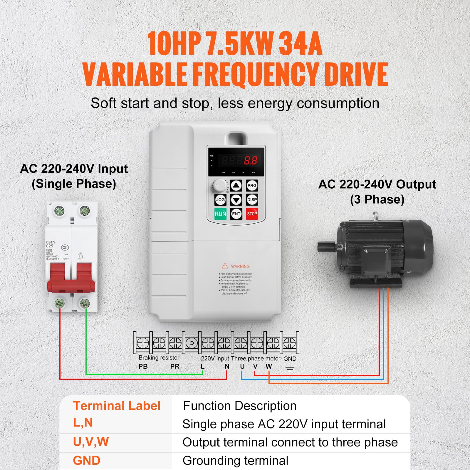 Uimoso 7.5KW 10HP Variable Frequency Drive Convert 1 To 3 Phase VFD 220V 2